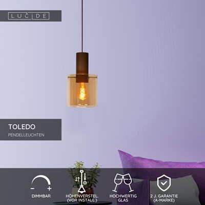 Lucide TOLEDO - Pendelleuchten - Ø 20 cm - 1xE27 - Amber